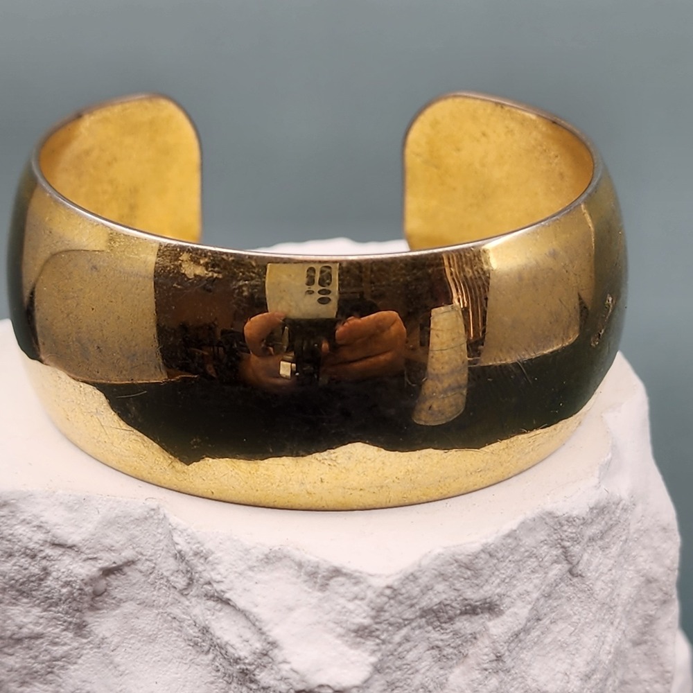 Monet Gold Tone Wide Open Cuff Bracelet Polished Statement Vintage Modernist